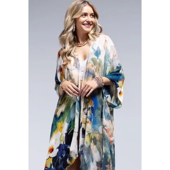 Monica Floral Watercolor Spring Summer Open Wrap Women's Casual One Size Kimono - Picture 6 of 6